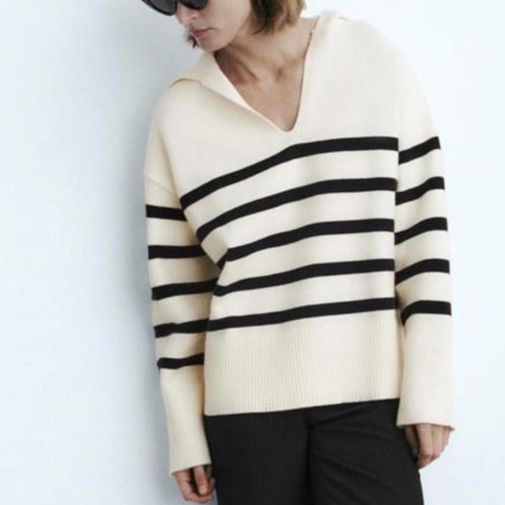 Zara V-Neck Sweater in Cream and Black Stripes